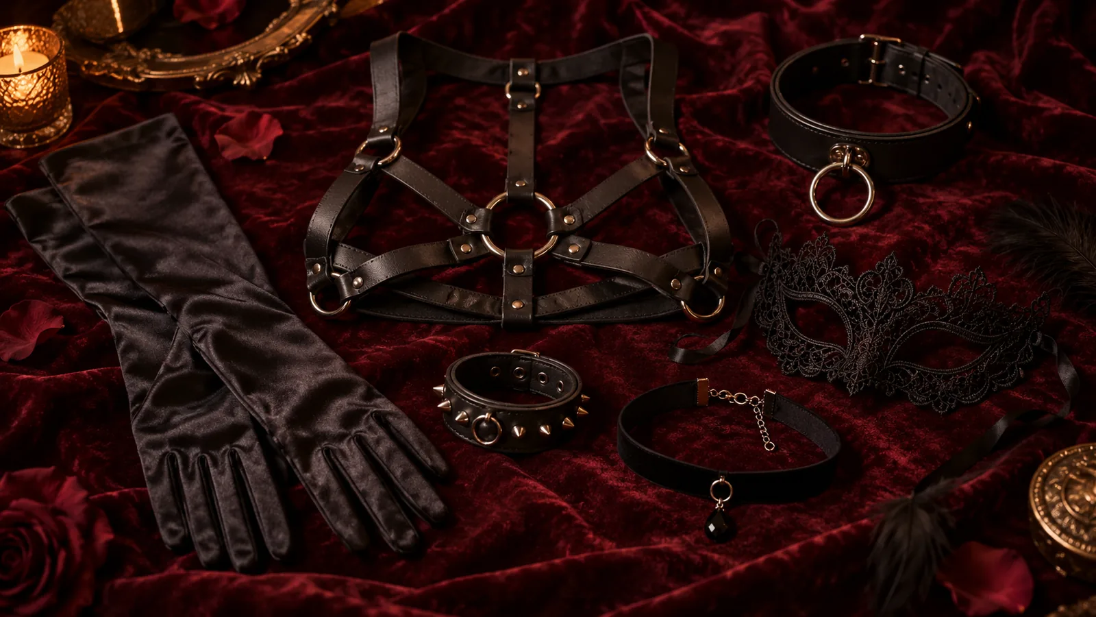 Op donkerrood fluweel liggen een leren borstharnas, satijnen handschoenen, een halsband met ring, een kanten masker en een armband met studs