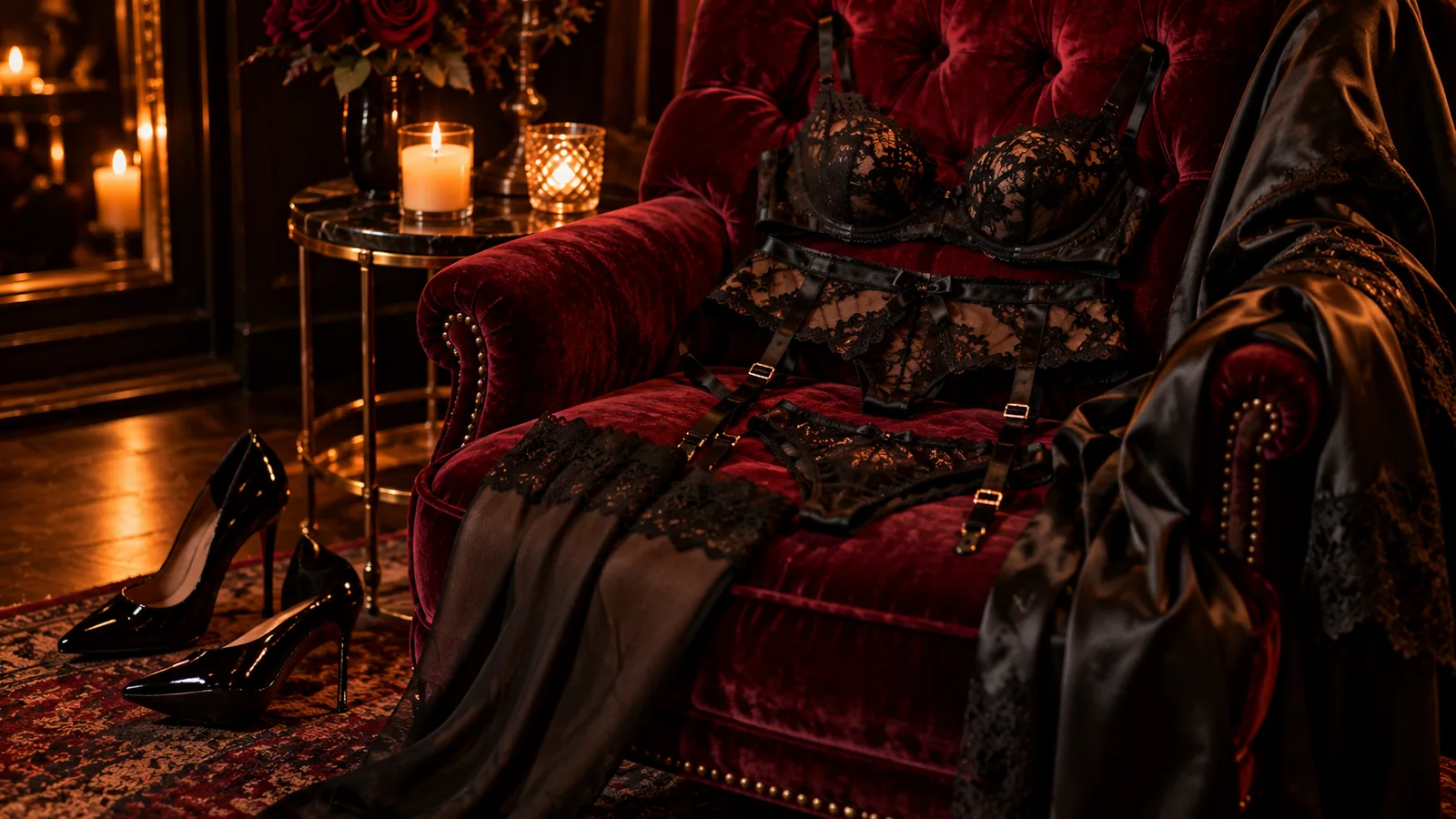 Zwarte kanten lingerie met jarretels en kousen ligt op een bordeauxrode fluwelen fauteuil, met een zijden kimono en zwarte pumps ernaast