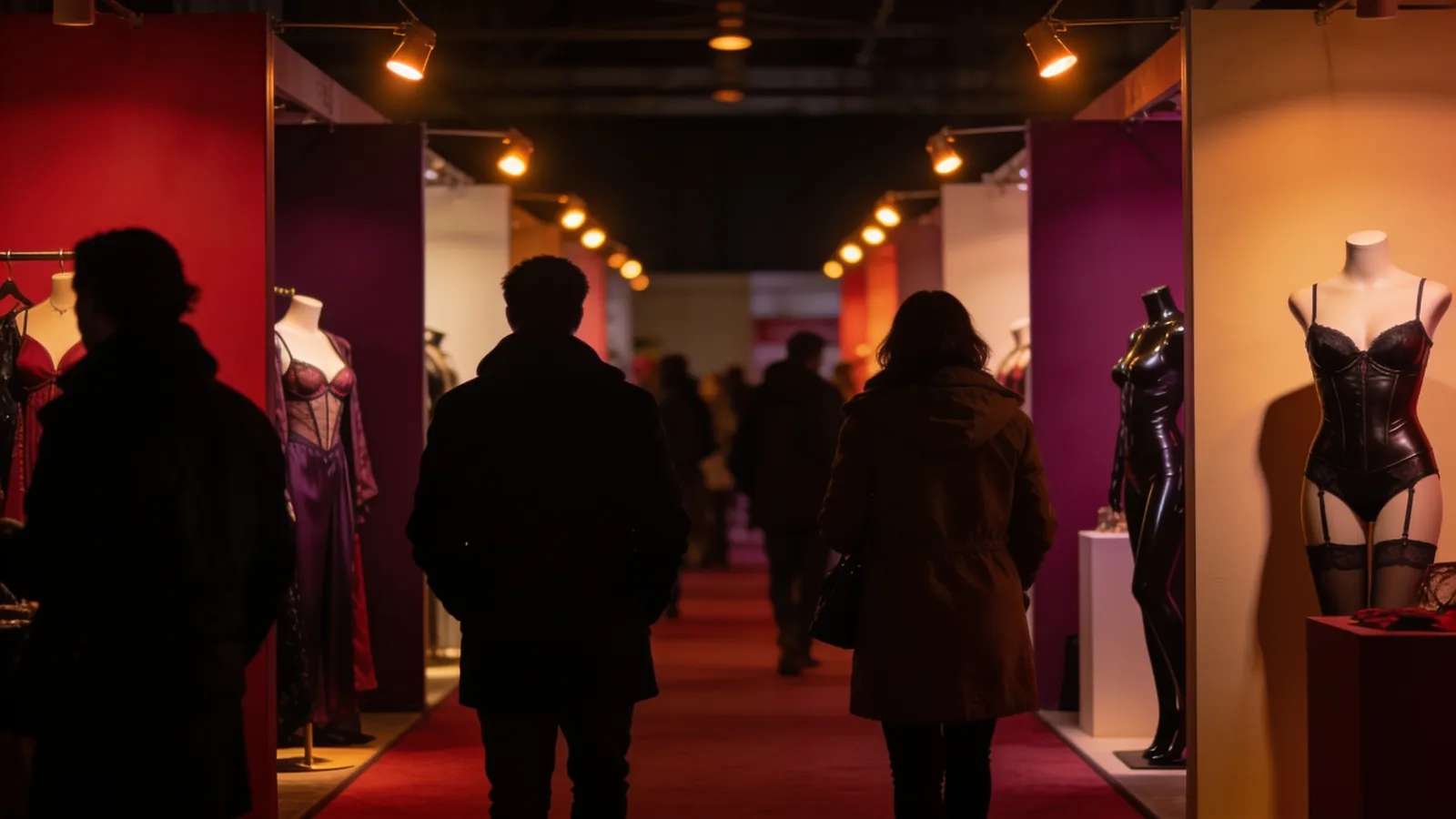Bezoekers in jassen lopen op de rug gezien door een beursgang langs stands met lingerie, korsetten en latex op paspoppen