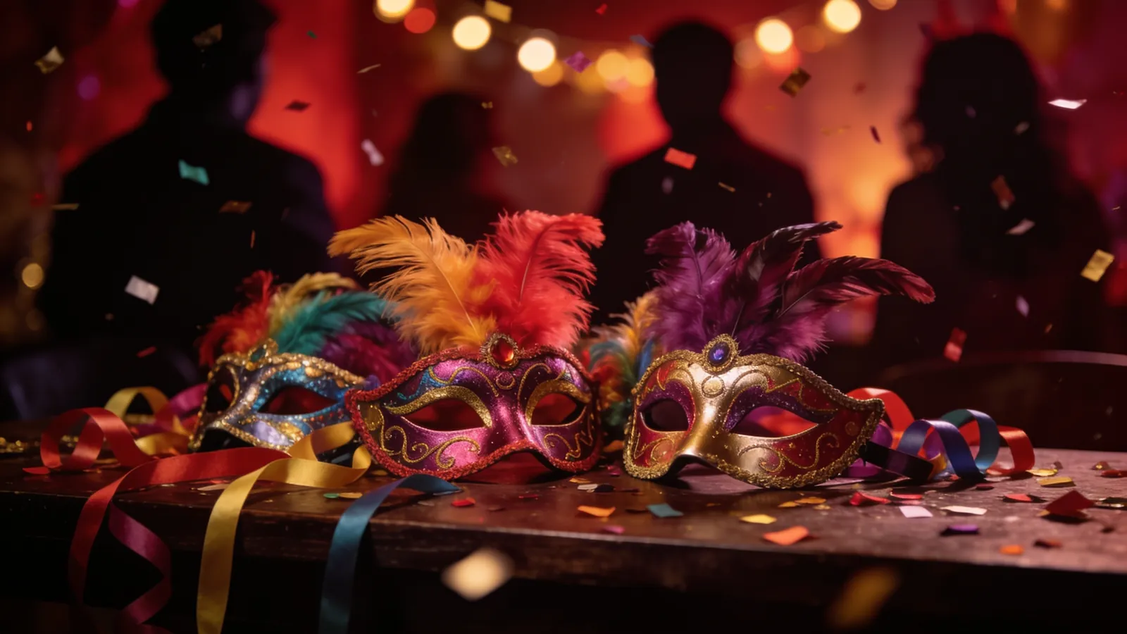 Drie gekleurde carnavalsmaskers met veren op een houten tafel met linten en confetti, feestgangers als silhouet erachter