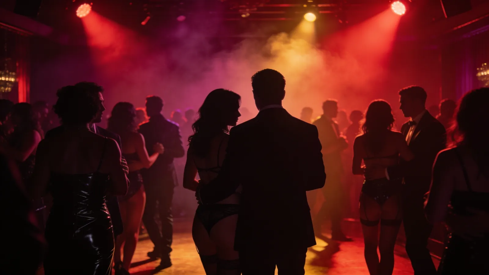 Een volle dansvloer in rood en paars licht met rook, stellen in lingerie, latex en pakken op de rug gezien