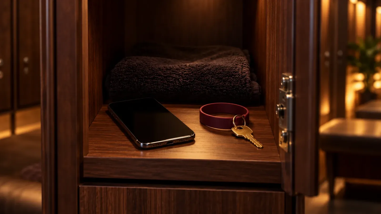 Een smartphone en een sleutel aan een polsbandje in een houten kluisje, met een opgevouwen handdoek erachter