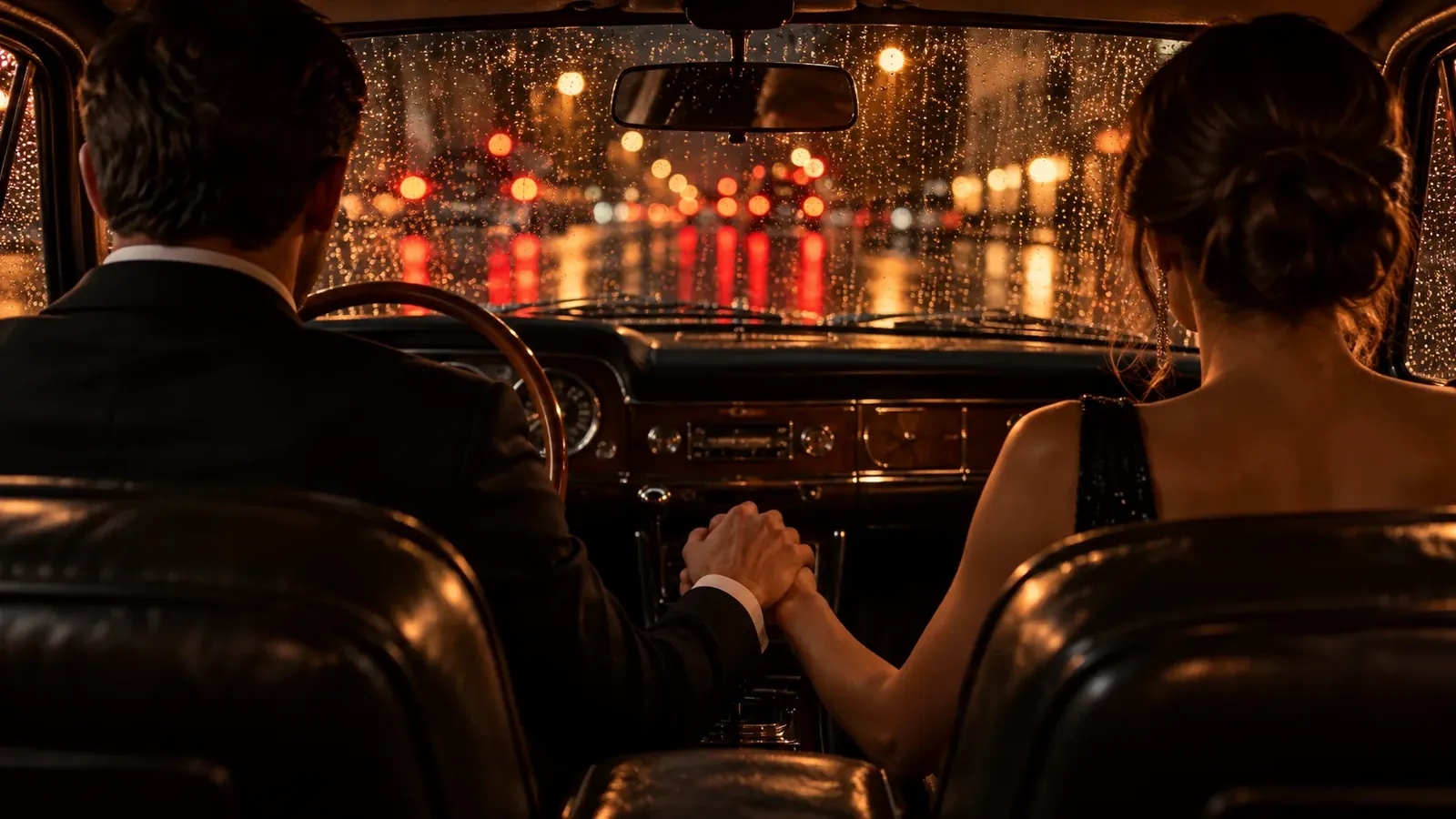 Een stel in een klassieke auto houdt elkaars hand vast, met regendruppels op de voorruit en stadslichten