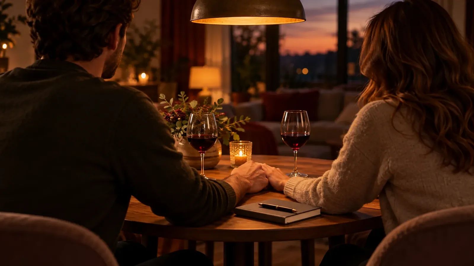 Een stel aan een ronde tafel bij kaarslicht houdt elkaars hand vast, met twee glazen rode wijn en een notitieboek met pen