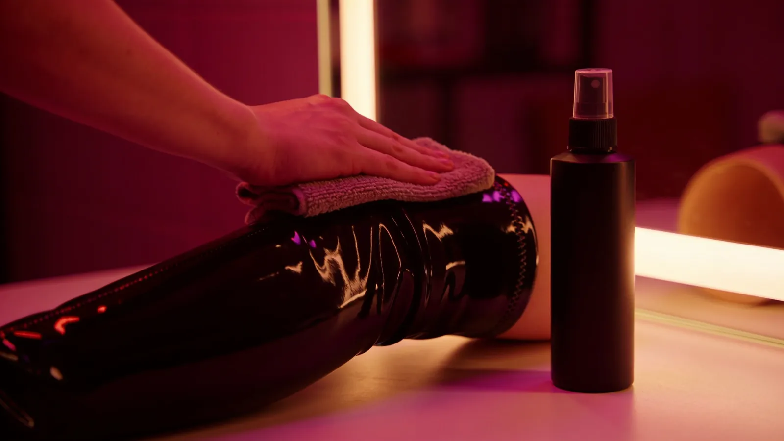 Een hand poetst met een microvezeldoek een glanzende zwarte latex broekspijp, met een spuitfles ernaast