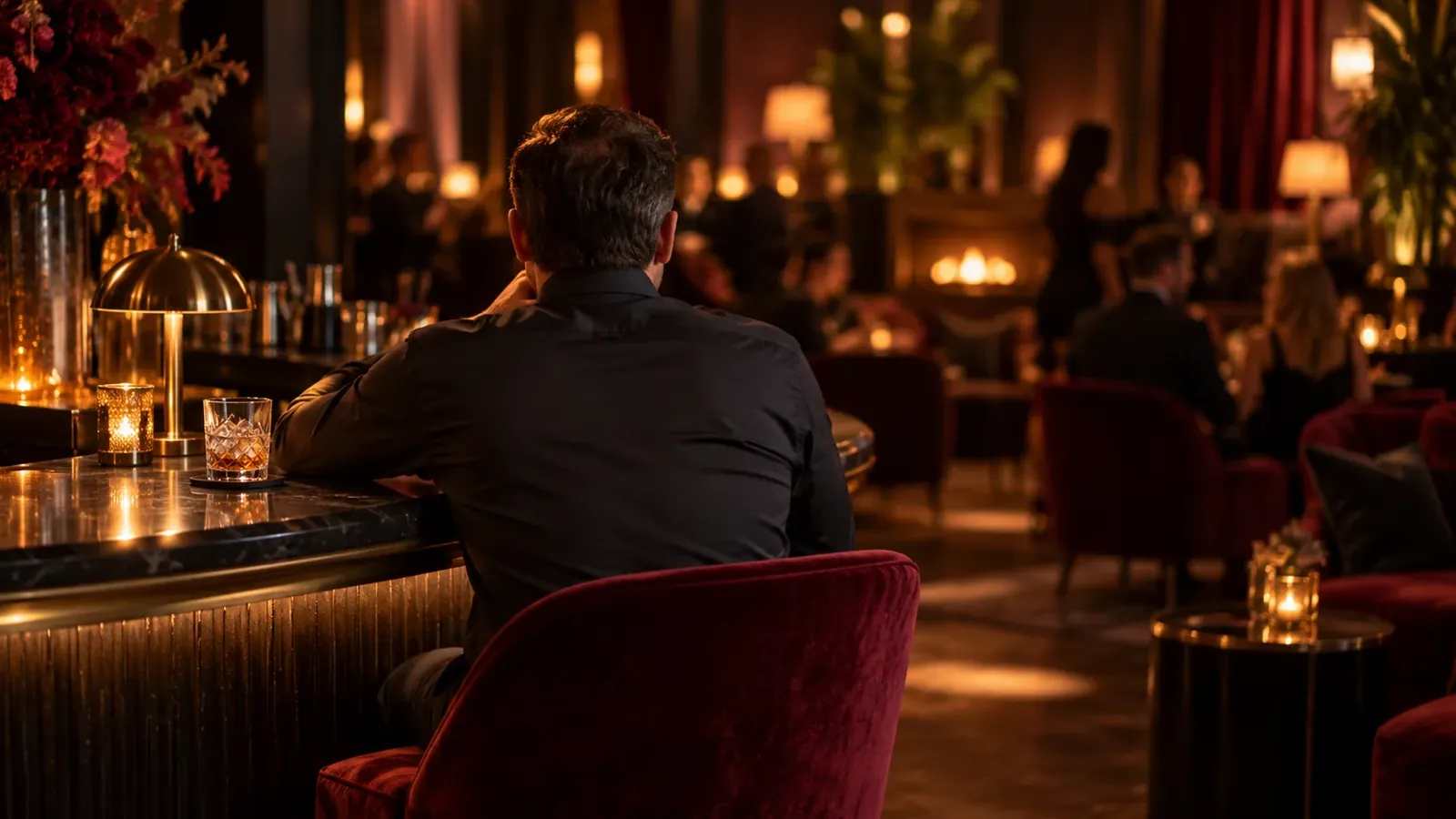 Een man op de rug gezien in een rode fauteuil aan de bar, met een lounge met open haard erachter