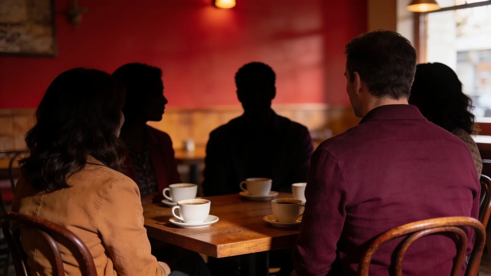 Een groepje volwassenen zit overdag in een café rond een houten tafel met koffiekopjes