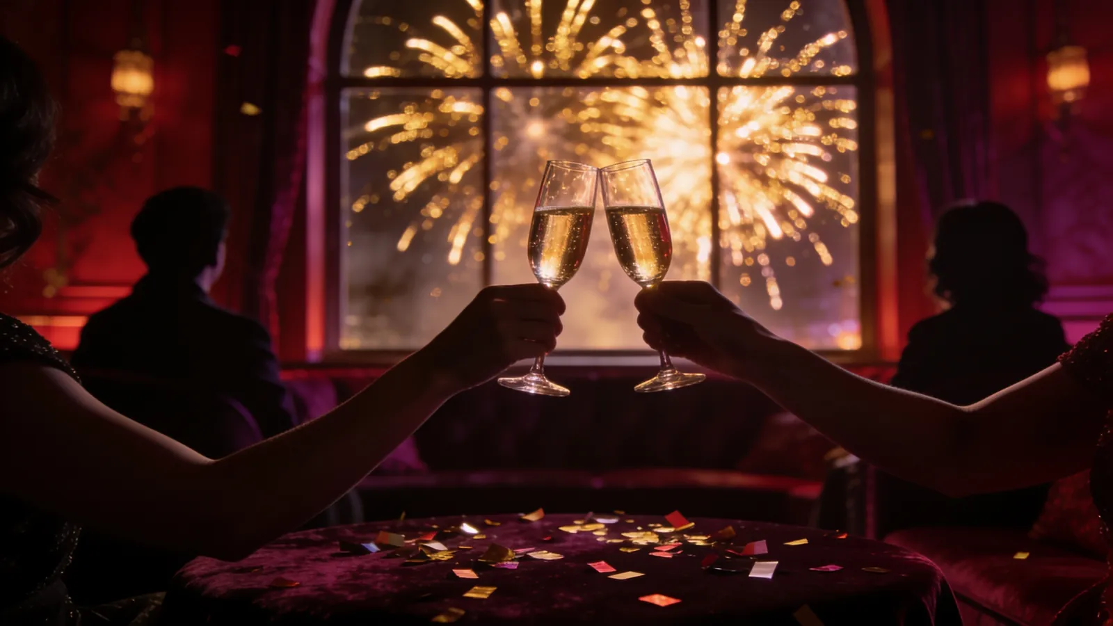 Twee handen proosten met champagneglazen voor een raam met goudkleurig vuurwerk, confetti op een fluwelen tafel