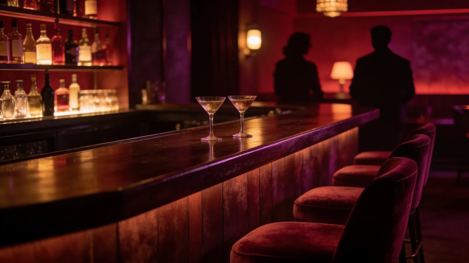 Een donkere bar met fluwelen barkrukken en twee cocktailglazen op de toog, in de verte twee silhouetten