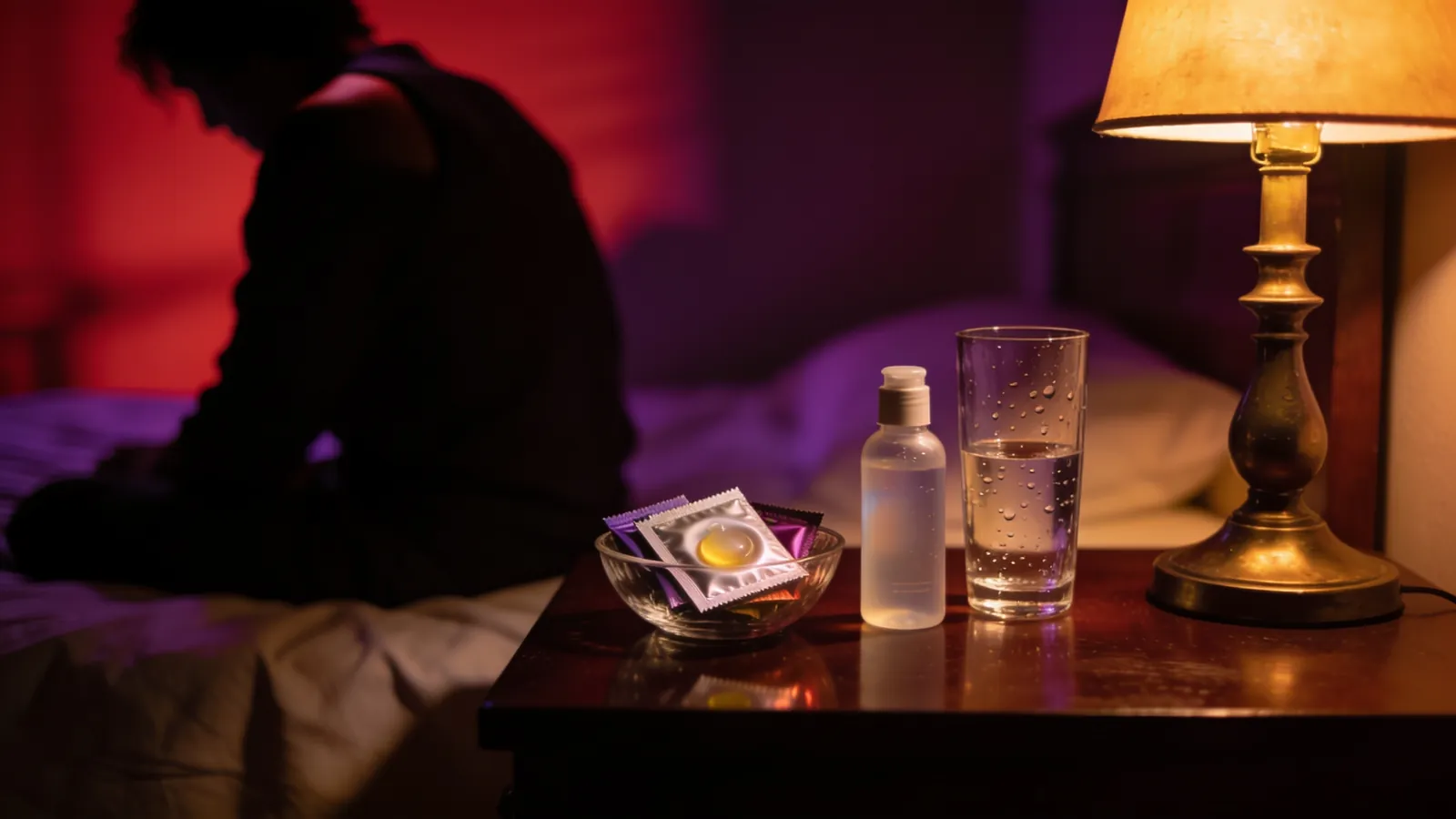 Een glazen schaaltje met condooms, een flesje glijmiddel en een glas water op een nachtkastje naast een lamp