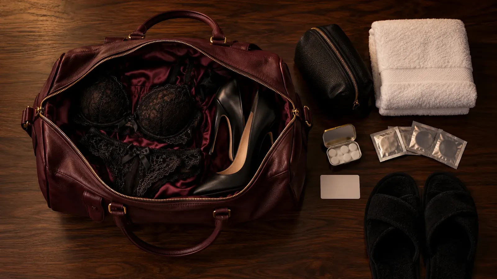 Een bordeauxrode leren tas met lingerie en hakken, naast een toilettas, handdoek, slippers, condooms en pepermuntjes