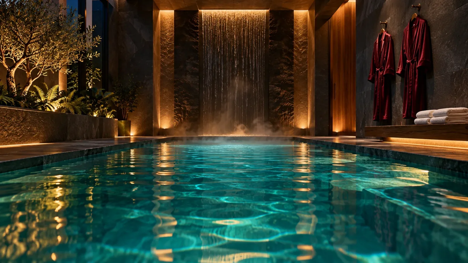 Een verlicht binnenbad met waterval bij nacht, met twee bordeauxrode badjassen en handdoeken aan de muur