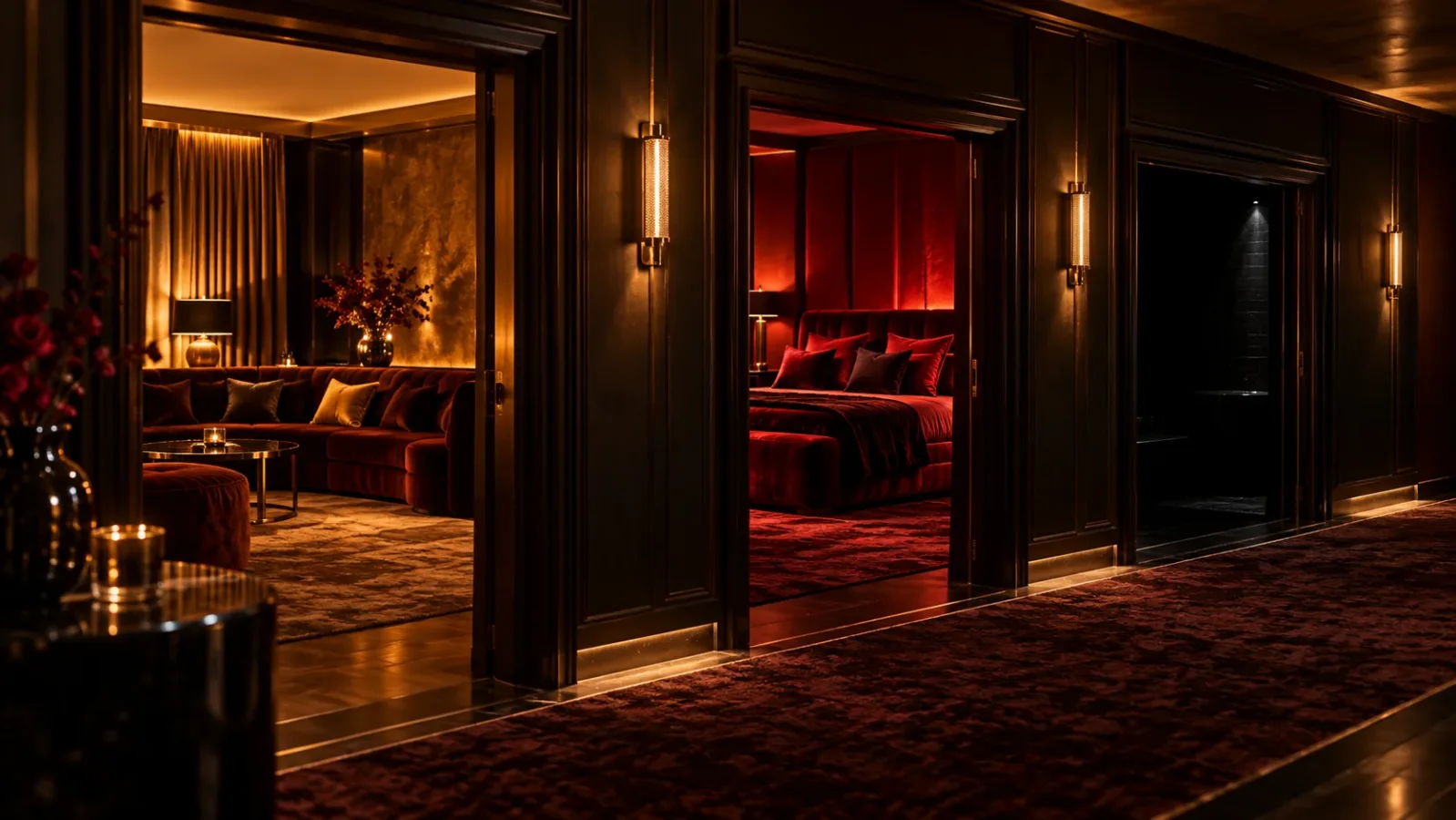 Een gang met drie open deuren: een lounge in warm licht, een kamer met groot bed in rood licht en een donkere ruimte