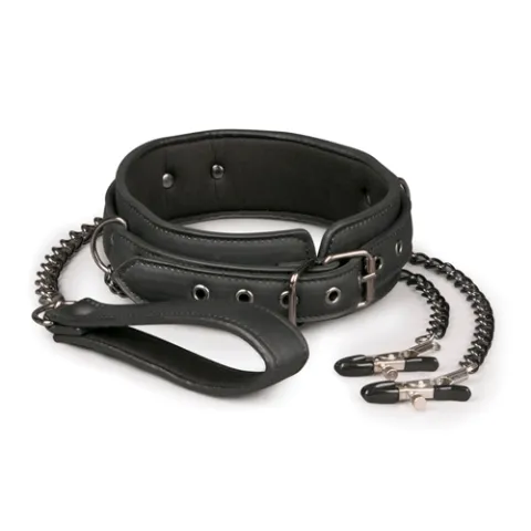 Easytoys Fetish - Kunstleren halsband met tepelklemmen